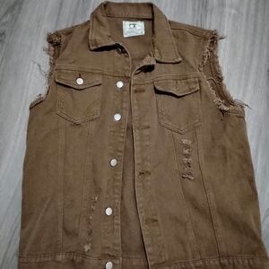 Brown Distressed Sleeveless Jacket